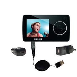 Gomadic Retractable USB Hot Sync Compact Kit with Car & Wall Charger for the Philips GoGear SA3214 - Gomadic