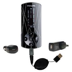 Gomadic Retractable USB Hot Sync Compact Kit with Car & Wall Charger for the Philips GoGear SA4415 - Gomadic