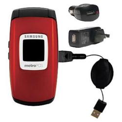Gomadic Retractable USB Hot Sync Compact Kit with Car & Wall Charger for the Samsung SCH-R300 - Bran
