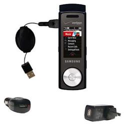 Gomadic Retractable USB Hot Sync Compact Kit with Car & Wall Charger for the Samsung SCH-U470 - Bran