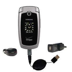 Gomadic Retractable USB Hot Sync Compact Kit with Car & Wall Charger for the Samsung SCH-u410 - Bran
