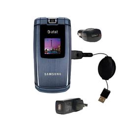 Gomadic Retractable USB Hot Sync Compact Kit with Car & Wall Charger for the Samsung SGH-A747 - Bran