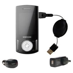Gomadic Retractable USB Hot Sync Compact Kit with Car & Wall Charger for the Samsung SGH-F400 - Bran
