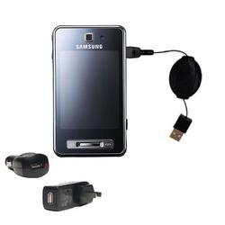Gomadic Retractable USB Hot Sync Compact Kit with Car & Wall Charger for the Samsung SGH-F480 - Bran