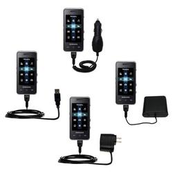 Gomadic Retractable USB Hot Sync Compact Kit with Car & Wall Charger for the Samsung SGH-F490 - Bran