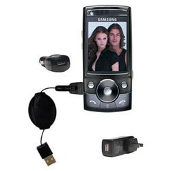 Gomadic Retractable USB Hot Sync Compact Kit with Car & Wall Charger for the Samsung SGH-G600 - Bran