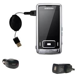 Gomadic Retractable USB Hot Sync Compact Kit with Car & Wall Charger for the Samsung SGH-G800 - Bran