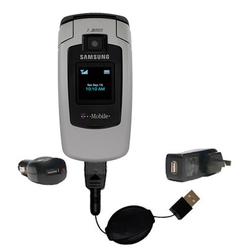 Gomadic Retractable USB Hot Sync Compact Kit with Car & Wall Charger for the Samsung SGH-T619 - Bran