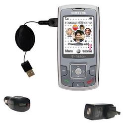 Gomadic Retractable USB Hot Sync Compact Kit with Car & Wall Charger for the Samsung SGH-T739 - Bran