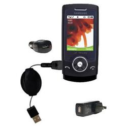 Gomadic Retractable USB Hot Sync Compact Kit with Car & Wall Charger for the Samsung SPH-A523 - Bran