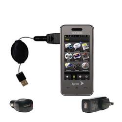 Gomadic Retractable USB Hot Sync Compact Kit with Car & Wall Charger for the Samsung SPH-M800 - Bran
