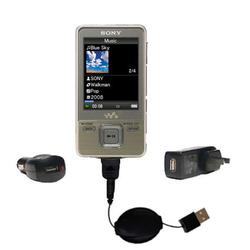Gomadic Retractable USB Hot Sync Compact Kit with Car & Wall Charger for the Sony Walkman NWZ-A726 - Gomadic
