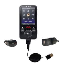 Gomadic Retractable USB Hot Sync Compact Kit with Car & Wall Charger for the Sony Walkman NWZ-E438F - Gomadi