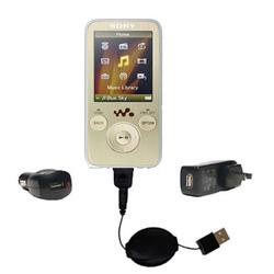 Gomadic Retractable USB Hot Sync Compact Kit with Car & Wall Charger for the Sony Walkman NWZ-S736 - Gomadic