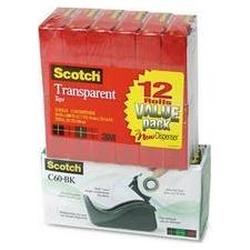 3M C60 Dispenser Plus 12 Rolls of Scotch® Transparent Glossy Tape, Black (MMM600KC60)