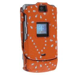 Eforcity Clip-on Leather Case for Motorola V3, Orange w/ Floral Pattern Bling by Eforcity