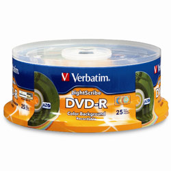 VERBATIM DVD-R 4.7GB 16X Color LightScribe 25pk Spindle - 5 Colors