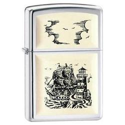 Zippo High Polish Chrome, Scrimshaw Ship Emblem