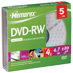 Memorex 4x DVD-RW Media - 4.7GB - 5 Pack