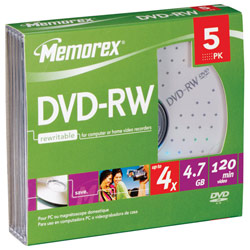Memorex 4x DVD-RW Media - 4.7GB - 5 Pack