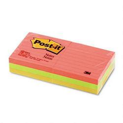 3M Post it® Neon Color Ruled Note Pads, 3 x 3 Size, 6 Pads/Pack
