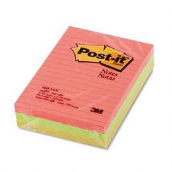 3M Post it® Neon Color Ruled Note Pads, 4 x 6 Size, 3 Pads/Pack