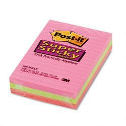 3M Post it® Super Sticky Note Pads, 4x6, Lined, Asstd Colors, Three 90 Sheet Pds/Pack