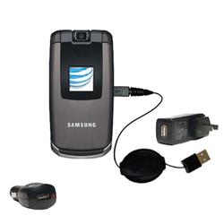 Gomadic Retractable USB Hot Sync Compact Kit with Car & Wall Charger for the Samsung SLM SGH-A747 - Gomadic