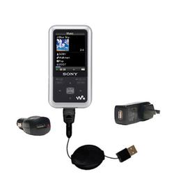 Gomadic Retractable USB Hot Sync Compact Kit with Car & Wall Charger for the Sony Walkman NWZ-A716 - Gomadic