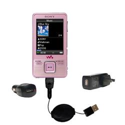 Gomadic Retractable USB Hot Sync Compact Kit with Car & Wall Charger for the Sony Walkman NWZ-A728 - Gomadic