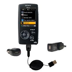 Gomadic Retractable USB Hot Sync Compact Kit with Car & Wall Charger for the Sony Walkman NWZ-A800 Series -