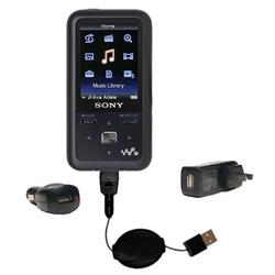 Gomadic Retractable USB Hot Sync Compact Kit with Car & Wall Charger for the Sony Walkman NWZ-S600 Series -