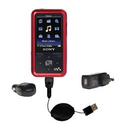 Gomadic Retractable USB Hot Sync Compact Kit with Car & Wall Charger for the Sony Walkman NWZ-S615 - Gomadic