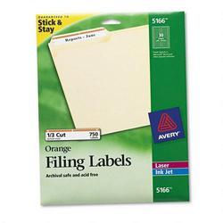 Avery-Dennison Permanent Printer Filing Labels, 1/3 Cut,750/Pack,Orange (AVE05166)