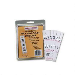 Generations Consumer Three-Part Coat/Hat Claim Checks, 1-1/2 x 5, Hanger Hole, Numbered 1-500, 500/Bx (GEN22009)