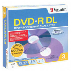 VERBATIM CORPORATION Verbatim 2x-4x DVD-R DL Media - 8.5GB - 120mm Standard - 3 Pack Jewel Case (95350)