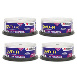 VERBATIM CORPORATION Verbatim 4 x 25PK Spindles DVD+R 4.7GB 16x Branded Discs