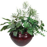 8 Inch Silk Greenery Bush Plant in Fiberglass Mahogany Container
