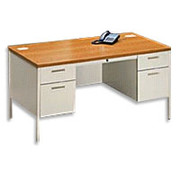 HON Metro Classic 60" Double Pedestal Desk, Putty/Medium Oak