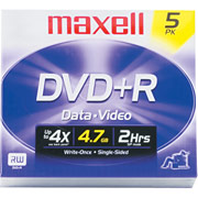 Maxell 2.4x 5/Pack 4.7GB DVD+R, Jewel Cases