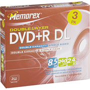 Memorex 3/Pack 8.5GB Double Layer DVD+R DL, Jewel Cases