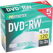 Memorex 5/Pack 4.7GB DVD-RW, Jewel Cases