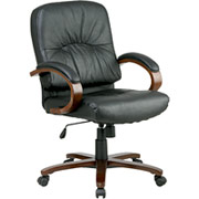 Office Star 5600 Series Mid-Back Leather Executive Chair, Black with Cherry Wood Finish
