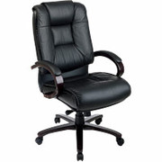 Office Star Executive High-Back Leather Chairs, Black with Mahogany Wood Finish