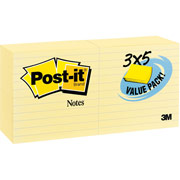 Post-it 3" x 5" Canary Yellow Flat Notes, 24 Pack
