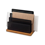 Rolodex Distinctions Punched Black Metal and Cherry Wood Three-Compartment Sorter