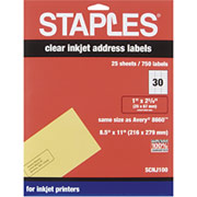 Staples Clear Inkjet Address Labels, 1" X 2 5/8"